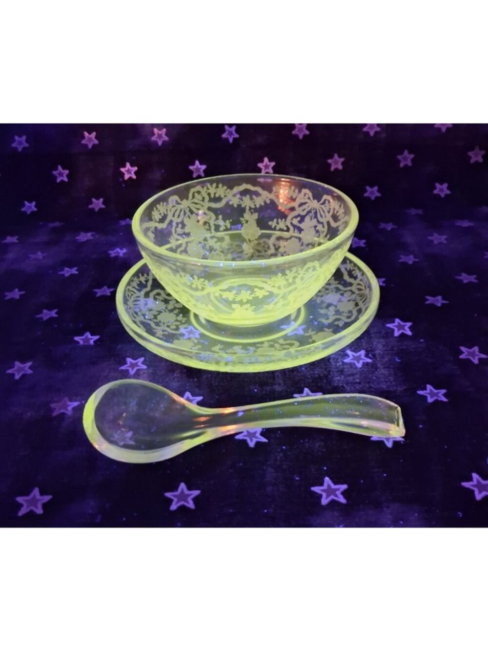 VTG 1940's Fostoria Romance Etched Crystal Mayonnaise Set Florals & Ribbons - Picture 2 of 12